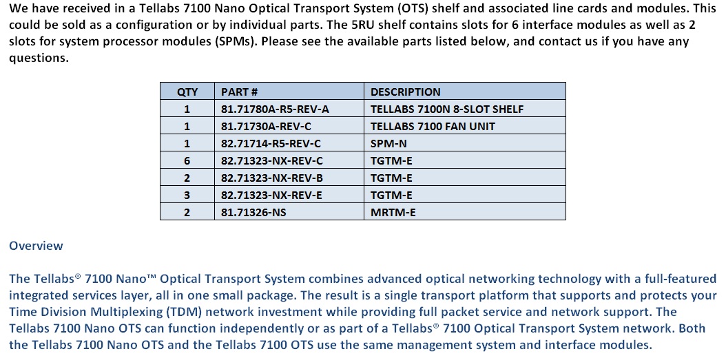 Tellabs 7100 Nano OTS For Sale Middle (12.5.14)